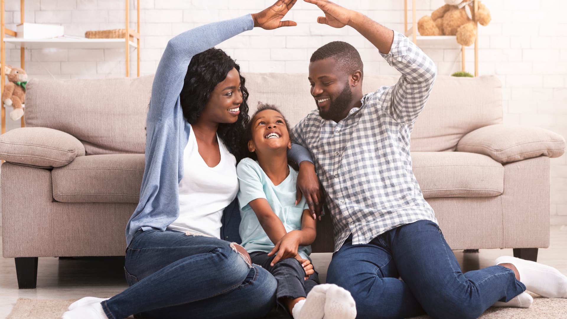 Family playing in living room